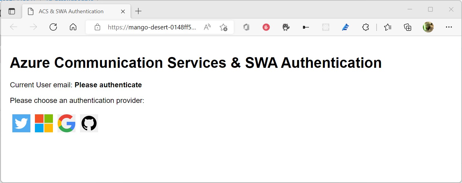 Screenshot of the Static Web App sample showing the Twitter, Github, Microsoft &amp; Google logos