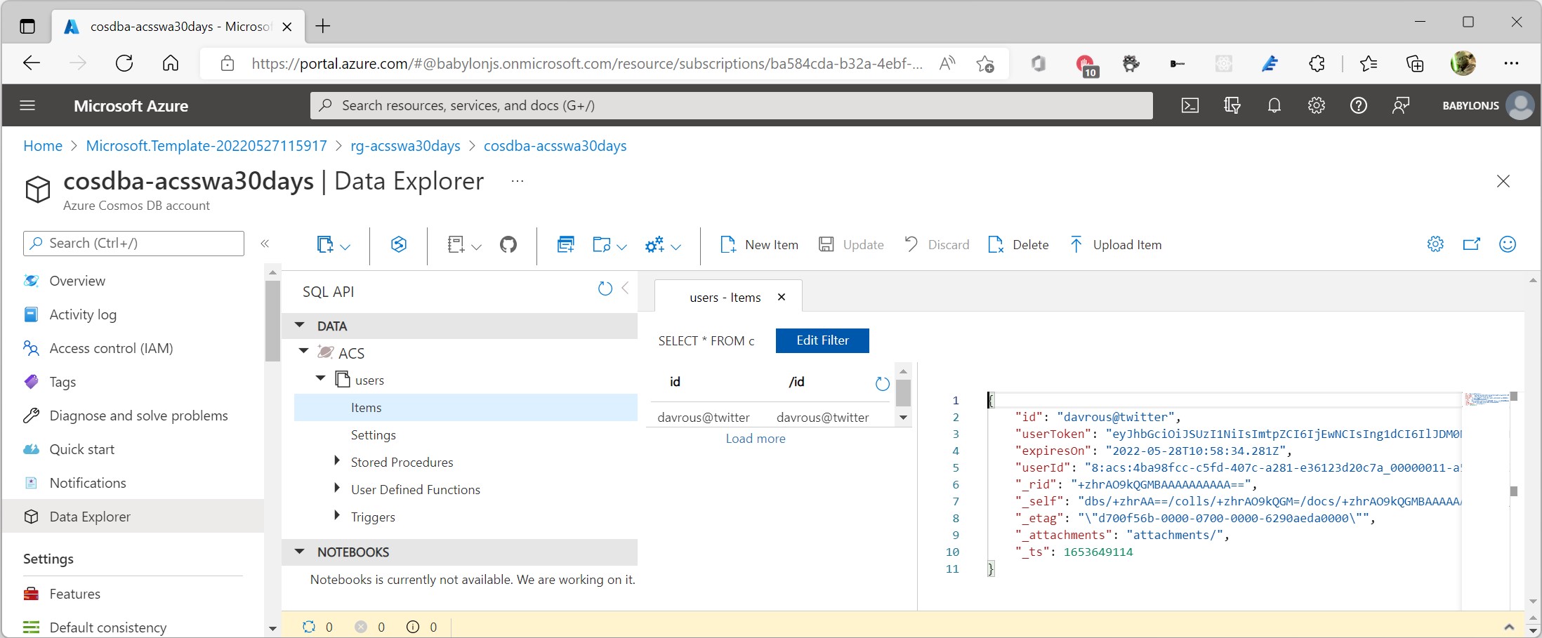Screenshot of Azure Portal, in the CosmosDB blade showing the content of the table