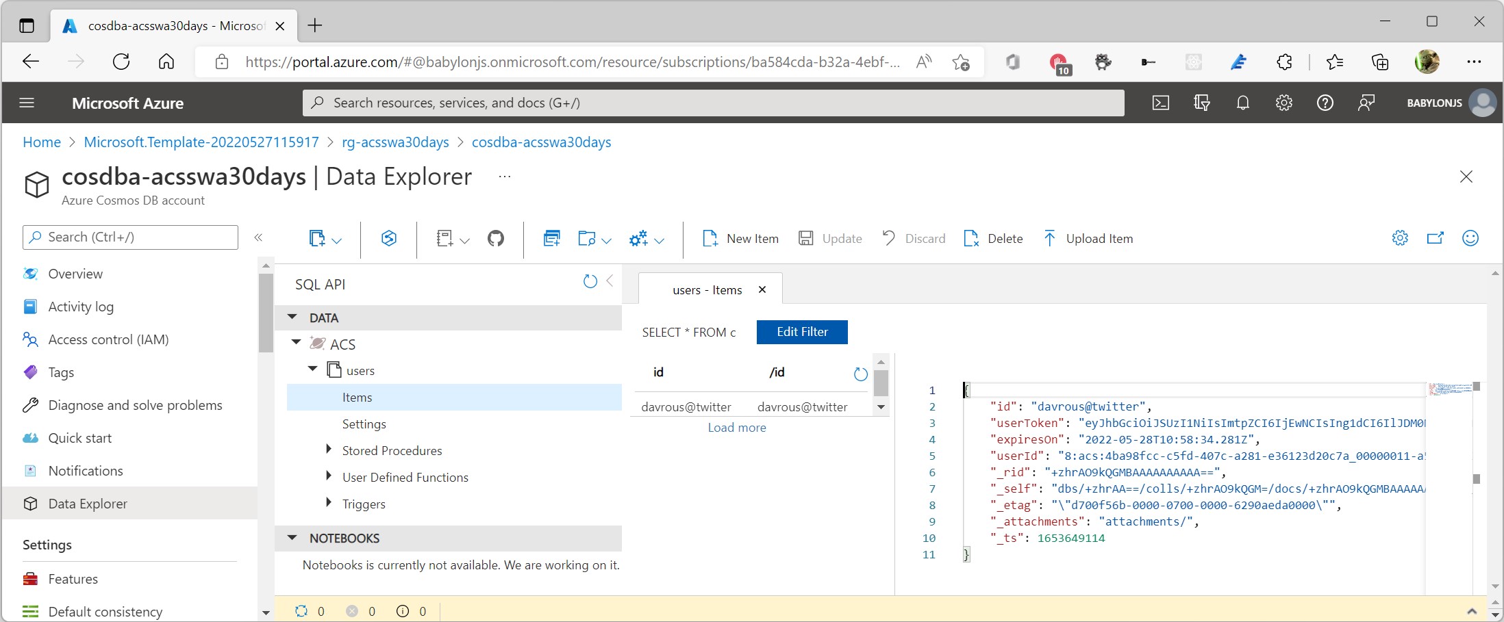 Screenshot of Azure Portal, in the CosmosDB blade showing the content of the table