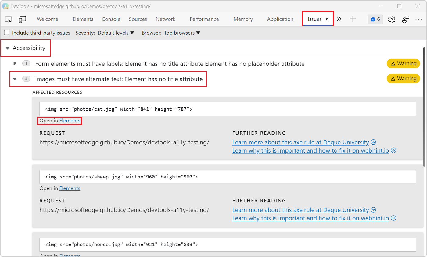 Screenshot of the Issues tool in Edge, showing 4 missing alt-text warnings.