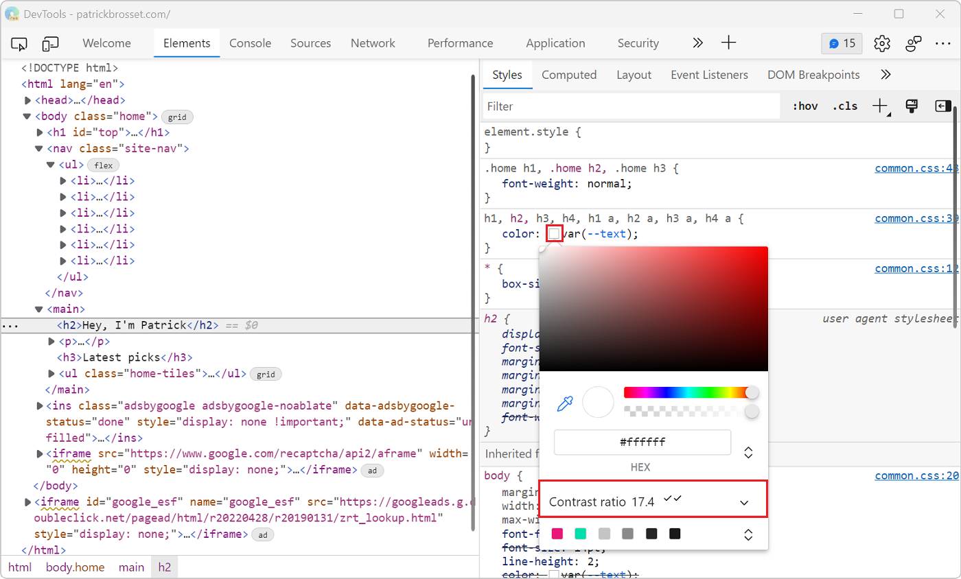 Screenshot of the Elements tool in Edge, showing the color picker on one of the text color CSS properties in the Styles pane, with the contrast ratio report.