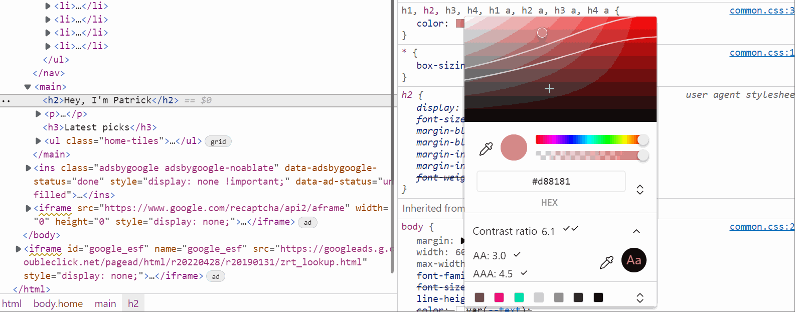 Screencast showing the color picker in the Styles pane, with the 2 guide lines to choose a color that has enough contrast. Moving the current color selection across those 2 lines recalculates the ratio in real time.
