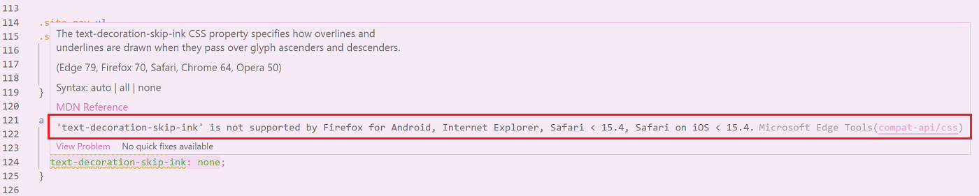Screenshot of part of a CSS file in the VSCode editor, with a CSS property underline and a tooltip showing the browser compatibility warning related to using this property