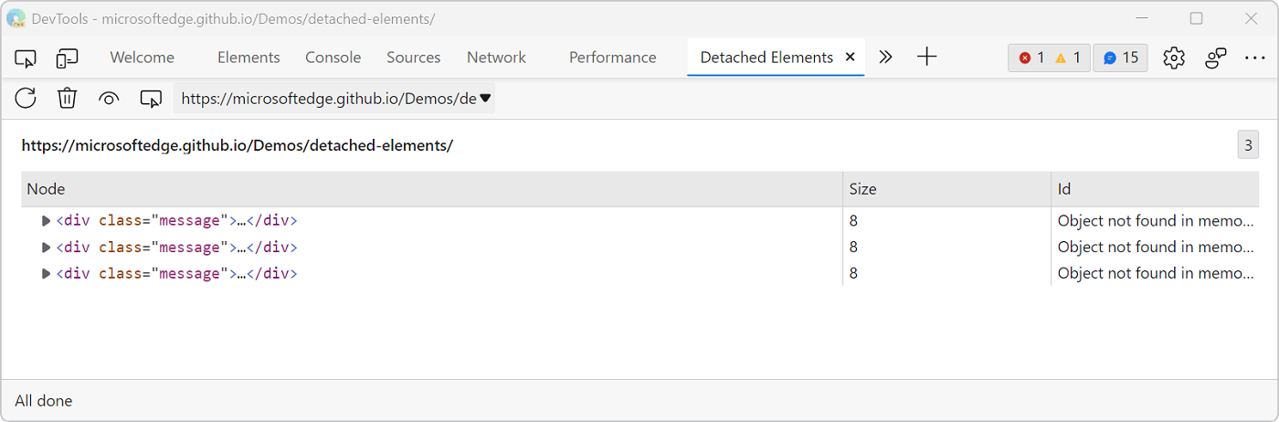 Screenshot of the detached elements tool in Edge, showing 3 DOM nodes in the list