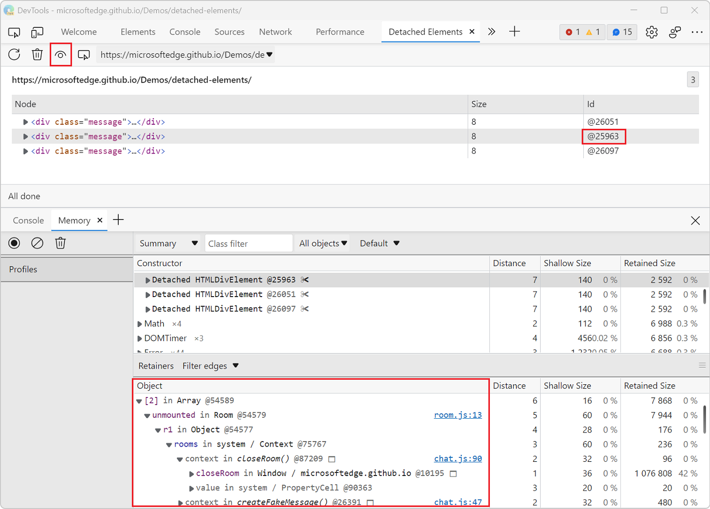 Screenshot of the detached elements tool in Edge, with the memory tool below it showing the list of retainers for one of the DOM nodes in the list