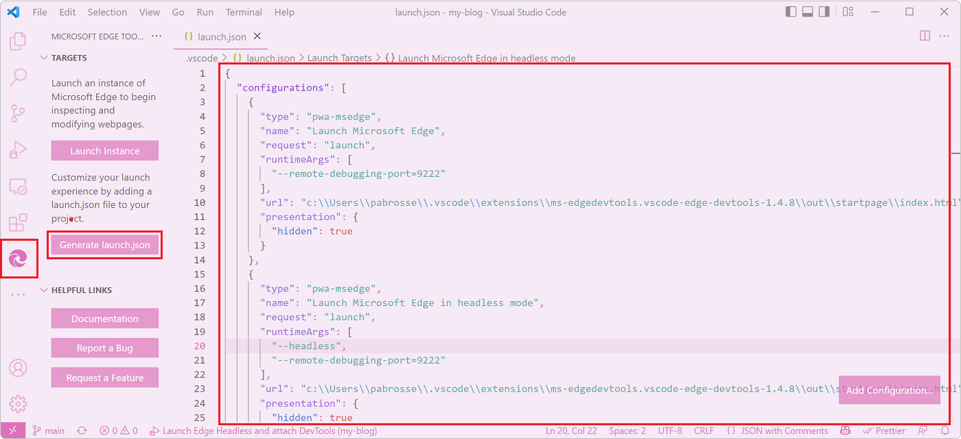 Screenshot of VSCode showing the Edge Tools sidebar with the button to generate a launch json file and the file created next to it